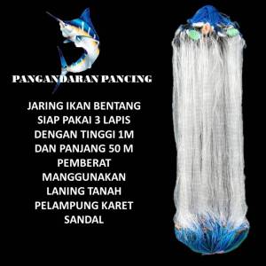 Jaring ikan siap pakai 3 lapis tinggi 1m panjang 50m pemberat lanting tanah (bahan seperti genteng) ukuran senar kecil jaring ikan murah jaring pukat jaring ikan bentang