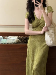 BeautyMark | French V-neck Green Floral Dress Women Summer New Waist-cinching Bodycon Unique Beautiful Long Dress A-line Skirt Short Sleeve