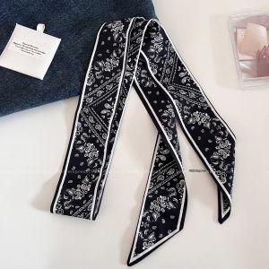 PINK EMPRESS | Black and White Floral Bow Simple Narrow Scarf