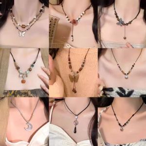 New Chinese Style Ceramic Butterfly Bell Necklace Collarbone Chain Hanfu Accessories Ethnic Trend Fashion Jewelry for Women