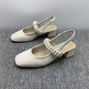 Elegant French Style Sandals Womens Summer New One-Strap High Heels Fashion Shoes PU Upper mid Heel Thick Heel Wrap around Toe