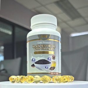 (เซต 2 กระปุก) น้ำมันงาดำผสมคอลาเจนสกัดเย็น แบรนด์ SWAY สินค้าส่งตรงจากโรงงานผลิต มี อย ครบถ้วน มีเรทราคาส่ง กระปุกละ 60เม็ด