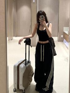 Quần Thể Thao Ống Rộng Cạp Cao Cho Nữ Quần Dài Đến Sàn Quần Dài Thường Ngày Quần Ống Rộng Ba Sọc Phong Cách Mỹ Cổ Điển