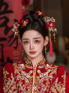 เครื่องประดับผมสไตล์จีนโบราณสีแดง สำหรับเจ้าสาว วัสดุโลหะผสม ประดับเพชรเทียม ชุดเครื่องประดับผมสำหรับงานแต่งงาน