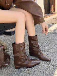 Retro Square Head High Heel Short Boots Autumn Winter New Style Slimming Thick Heel Riding Boots Womens Cuff Boots