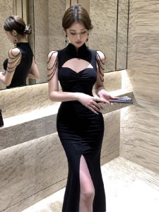 Elegant Long Sleeveless Evening Gown with Slit And Tassel Show off Figure High Waist Slimming Maxi Dress Hepburn Style Dress