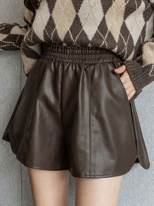 High Waist PU Leather Shorts Womens A-Line Elastic Waist Outerwear Slimming Wide Leg Boot Pants Small Size Commute Style