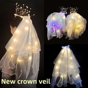 Tiktok Hot Selling Luminous Crown Veil Outdoor Proposal Photography Wedding License Props Kids Princess Veil Gift