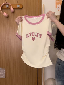 Short Sleeve Embroidered Letter Heart Color Block T-Shirt Womens Sweet Style Korean Version Slim Fit Cotton Blend Top