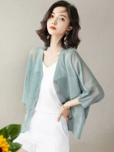 กันแดดถักน้ําแข็ง ผ้าไหม แขนกุด เสื้อท่อนบน ผู้หญิง ฤดูใบไม้ผลิ ฤดูร้อน เสื้อแจ๊กเก็ตแบบบาง Batwing แขนเจ็ดแปดสีทึบ เสื้อผ้าถัก