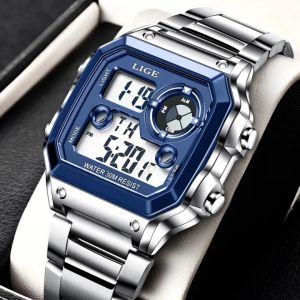 LIGE original mens watch fashion stainless steel waterproof dual display luminous digital relo for men + box