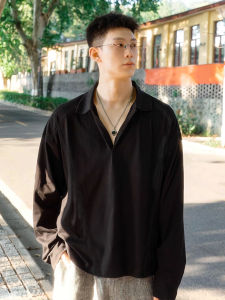 เสื้อยืดคอวีแขนยาวสีดำ ทรงหลวม ผ้าฝ้ายผสม ทรงปกติ ฤดูใบไม้ร่วง 2025 สำหรับผู้ชาย เสื้อเชิ้ตชั้นใน เสื้อโปโล