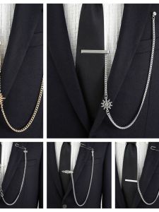 Fashionable Men's Long Chain Tie Clip: Western Suit Decoration Gold Silver Tone Lapel Pin Fixed Buckle Decorative Clip
