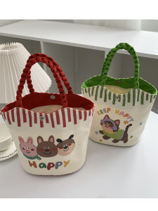2025 New Portable Cartoon Bucket Handheld Lunch Bag Small Size Fashionable Canvas Bag for Daily Outings Versatile Design