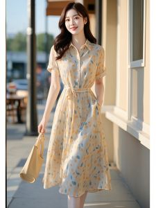 Slimming Floral Print Shirt Dress Womens Unique French Style Orange Dandelion Color Beige Summer Fashion plus Size Casual Wear