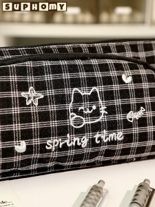Plaid pencil case Portable pencil box Student stationery kotak pensil Large capacity Multifunctional Kitten embroidery