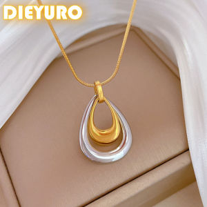 DIEYURO 316L Stainless Steel Fashion Golden Silver Openwork Water Drop Pendant Necklace For Girl New Clavicle Chain Jewelry Gift