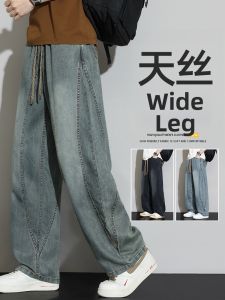 Lyrca Tencel Men Summer Lightweight Casual Wide Leg Retro Drawstring Pants
