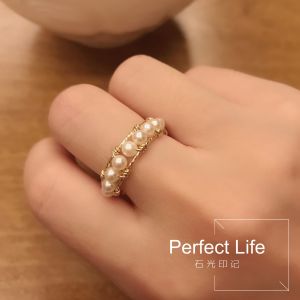 Original Handmade White Pearl Ring 14K Gold Plated Open Style Womens Fashion Business Jewelry Mixed Material Fresh out
