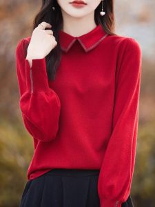 RAGR New Year Red Woolen Sweater with Flip Collar And Hotfix Rhinestones Elegant Intellectual Beauty for Middle-Aged And Elderly