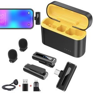 ไมโครโฟนไร้สายลาวาเลียร์พร้อมกล่องชาร์จไมโครโฟนแบบมืออาชีพลดเสียงรบกวนสำหรับแอนดรอยด์ IOS สตูดิโอบันทึกวิดีโอสด