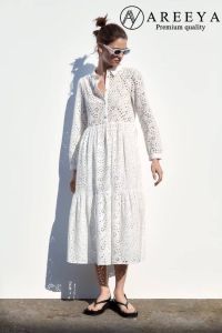 Long Sleeve Collar Button Down Eyelet A-Line Tiered Midi Dress - P002-012
