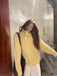 Stylish Lightweight Mature Style Yellow High Neck Knit Cardigan