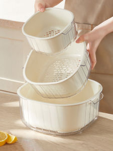 Double Layer Plastic Vegetable Washing Basin Kitchen Home Use Fruit Draining Basket Sink Essential Storage Blue  Style