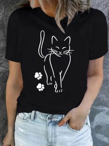 Cute Cat & Paw Print T-shirt Womens Harajuku Short Sleeve Casual Womens T-shirt Clothing Street Tops Tees Aesthetic Clothes
