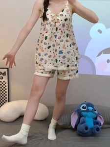 J889 (มีฟองน้ํา) ชุดนอนผ้าฝ้ายเกาหลี ลายดอกไม้ ความสวยเซ็กซี่ ชุด 2 ชิ้น เสื้อ + กางเกง ชุดนอนขนาดใหญ่ Size L-5XL