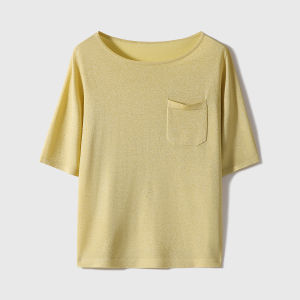 XiaoHanGe Knitted Top Shiny Thread Cool Sensation Short Sleeve Large round Neck OL Style Straight Cut Summer Fashion Womenswear