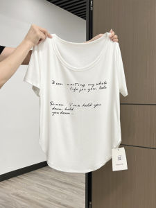 Loose Short Sleeve U-Neck T-Shirt Women Summer New Style Big Collarbone Exposure Fashionable White Pure Cotton Breathable Sweat Absorbent