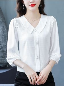 High-End Ladieswear Three-Quarter Sleeve Silk Shirt Womens Summer Wear Loose Western Style Flab Hiding Belly-Covering Coat Doll Collar Half Sleeve