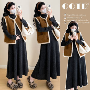 Pregnant Fashion Faux Sheepskin Vest Outerwear and Dress Set