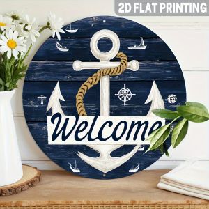 2D Rustic Coastal Farmhouse-Style Vintage Nautical Anchor & Sailboat Wooden Circular Wall Decoration Signboard Nautical Theme