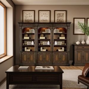 RH American-Style Solid Wood Combined Bookcase French Vintage Engraving Bookcase Bookshelf European-Style Living Room Entire Wall Display Cabinet Customization