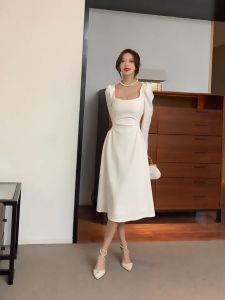 法式白色連衣裙韓版顯瘦大碼显瘦收腰 french retro vintage dress muslimah plus size evening dress dinner parti elegant long sleeve white dress korean style woman dress casual midi dress women bridesmaid dress