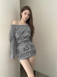 off-Shoulder T-shirt Dress Womens Early Autumn American Letters Print Waist-Slimming Dress Pure Desire Style Tight Sheath Short Dress