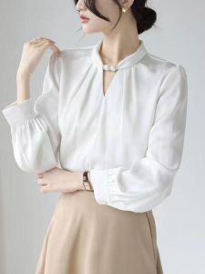Elegant French Style Hollow out Design Stand Collar Spring Autumn Casual Womens Shirt Comfortable Polyester Long Sleeve