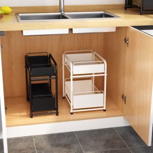 Kitchen Steel Under Sink Rack Organizer 2-Tier Kitchen Cabinet Organizer Rack with Sliding Storage Drawer Stackable Desktop Organizer for Kitchen Bathroom Office Shelf