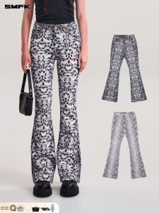 SMFK | Elastic Leopard Print Snake Print Flared Jeans