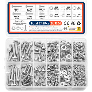 242pcs Stainless Steel Hex Head Nuts and Bolts Assortment Kit M4 M5 Sizes with Flat & Spring Lock Washers in Storage Case