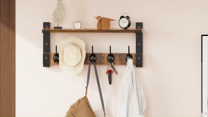 Wooden Wall-Mounted Shelf with 5 Dual Hooks Key Holder Coat Rack Entryway Hanging Shelf Bathroom Shelf Kitchen Organizer
