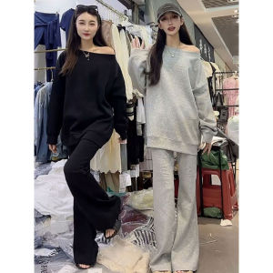 ชุดสเวตเตอร์แขนยาวทรงหลวมลำลองสำหรับผู้หญิง ชุดกีฬาฤดูใบไม้ผลิ 2025 ใหม่ ชุดกระชับสัดส่วนกางเกงขายาวทรงเอวสูง ชุดสองชิ้น
