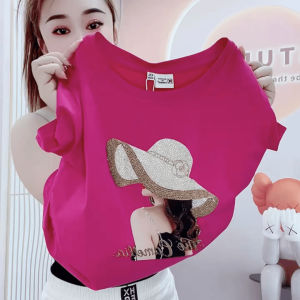Summer 2025 Womens Heavy Embellished Cotton Short Sleeve T-shirt Slimming Anti-aging Versatile Trendy round Neck Top