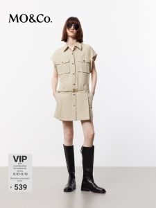 MO&Co. | Spring & Autumn Cotton Workwear Pockets Wide Shoulder Flared Sleeve Low Waist Belted Dress