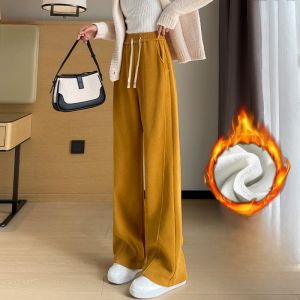 YAMIANNV | Plus Size High Waist Fleece Lined Slim Long Womens Pants Autumn Winter Casual Loose Wide Leg Trousers For Middle-Aged And Elderly