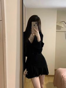 Black V-Neck Long Sleeve Womens Dress Spring Early Season High Waist Slimming Short Skirt Bell Sleeve Irregular Korean Style