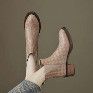 ผู้หญิง รองเท้าบูทเชลซีหัวกลมสั้นส้นหนา หนัง รองเท้าสีน้ําตาล ฤดูใบไม้ผลิ ฤดูใบไม้ร่วง ฤดูรองเท้าบูทเดี่ยวรองเท้าส้นสูงหนังแกะ