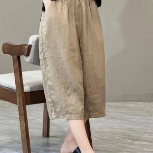 Pure Color Minimalist Cotton and Linen Cropped Loose Pants Womens Summer Thin Elastic Waist Slim Looking Plus Size Plus Size Ladies Linen Straight Pants
